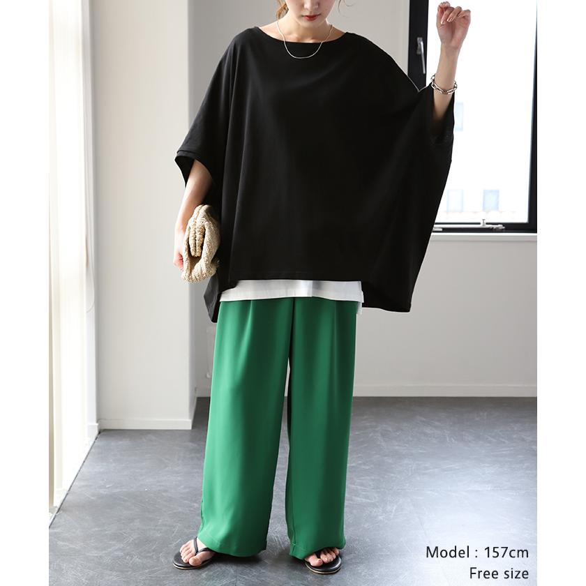 Tシャツ レディース トップス 二の腕カバー ドルマン 体型カバー 半袖 五分袖 ゆったり チュニック お尻が隠れる 大きいサイズ | HUG.U | 23