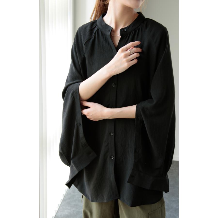 シャツ レディース トップス 変形 シアーシャツ とろみ ブラウス チュニック 長袖 羽織 袖ボタン マントスリーブ バンドカラー | HUG.U | 12