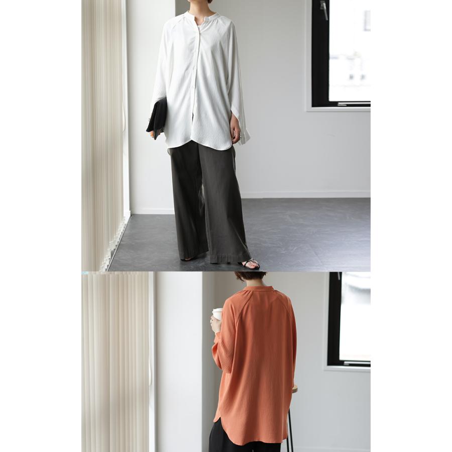 シャツ レディース トップス 変形 シアーシャツ とろみ ブラウス チュニック 長袖 羽織 袖ボタン マントスリーブ バンドカラー | HUG.U | 18