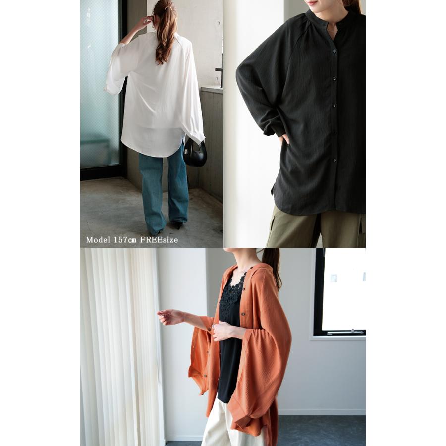 シャツ レディース トップス 変形 シアーシャツ とろみ ブラウス チュニック 長袖 羽織 袖ボタン マントスリーブ バンドカラー | HUG.U | 20