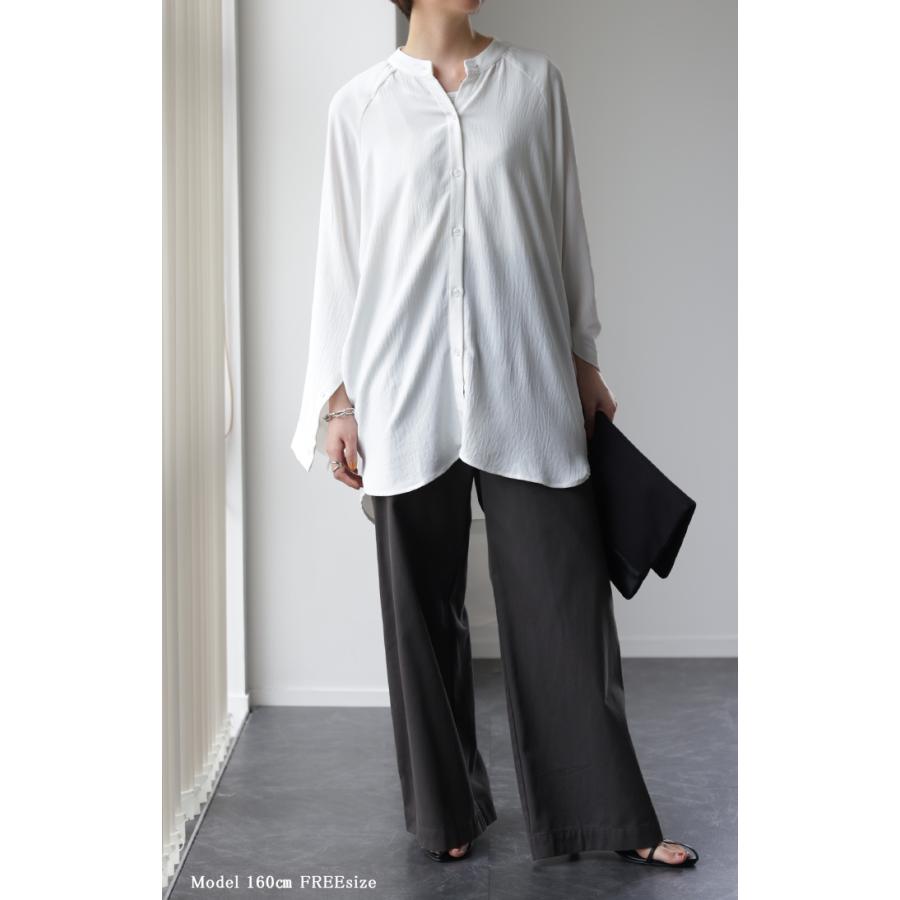 シャツ レディース トップス 変形 シアーシャツ とろみ ブラウス チュニック 長袖 羽織 袖ボタン マントスリーブ バンドカラー | HUG.U | 21