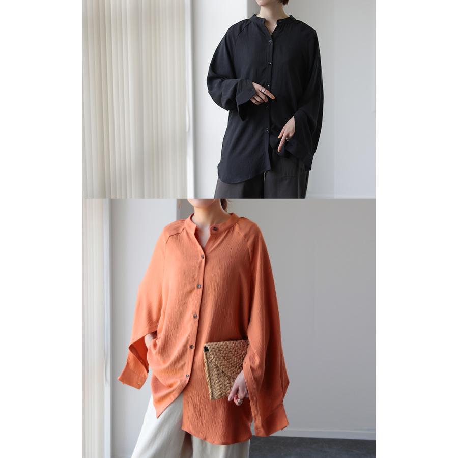 シャツ レディース トップス 変形 シアーシャツ とろみ ブラウス チュニック 長袖 羽織 袖ボタン マントスリーブ バンドカラー | HUG.U | 05