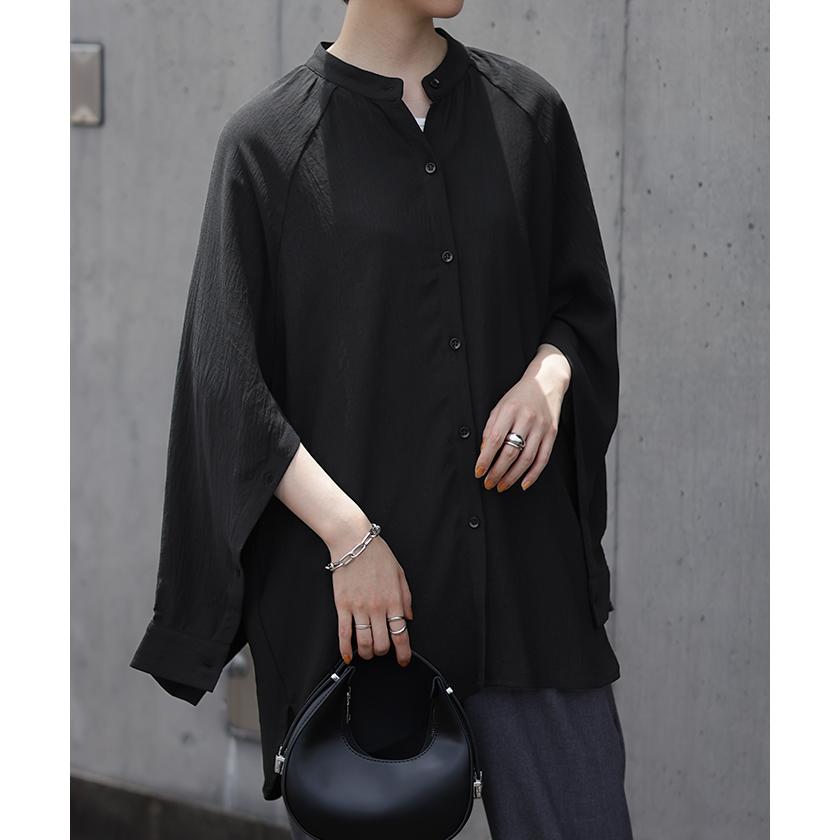 シャツ レディース トップス 変形 シアーシャツ とろみ ブラウス チュニック 長袖 羽織 袖ボタン マントスリーブ バンドカラー | HUG.U | 07