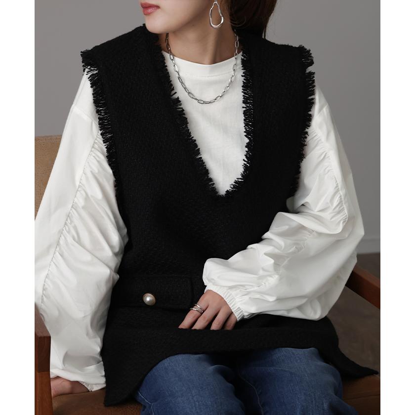 トップス レディース カットソー ブラウス パフスリーブ ロンT レイヤード 重ね着 ボリューム袖 ぽわん袖 シャツ ドッキング タイムセールSW2 | HUG.U | 17