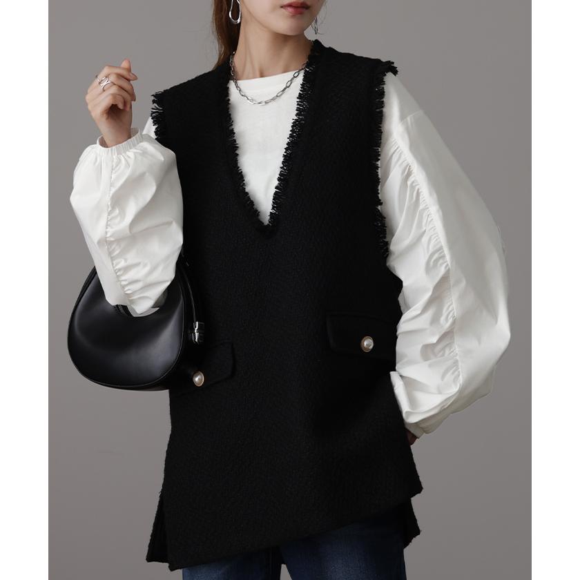 トップス レディース カットソー ブラウス パフスリーブ ロンT レイヤード 重ね着 ボリューム袖 ぽわん袖 シャツ ドッキング タイムセールSW2 | HUG.U | 06