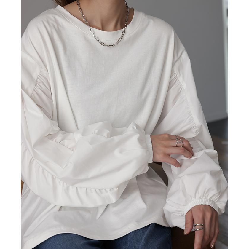 トップス レディース カットソー ブラウス パフスリーブ ロンT レイヤード 重ね着 ボリューム袖 ぽわん袖 シャツ ドッキング タイムセールSW2 | HUG.U | 08