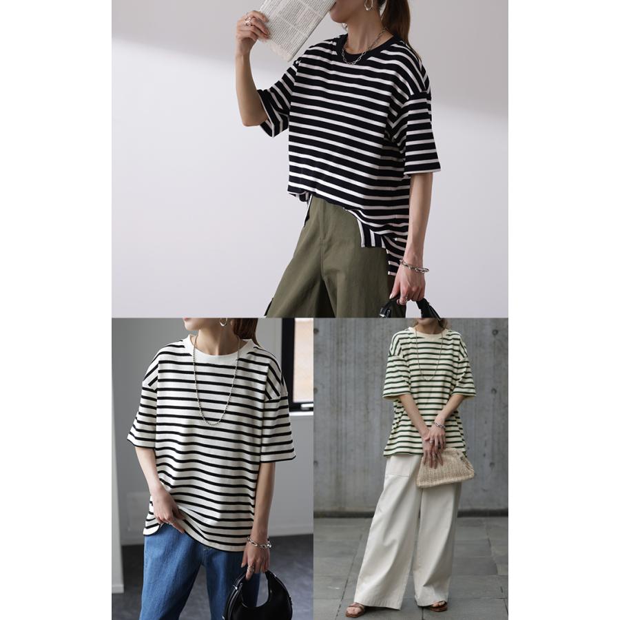 Tシャツ レディース トップス ボーダー 吸水 速乾 ワッフル サーマル 半袖 二の腕カバー | HUG.U | 12