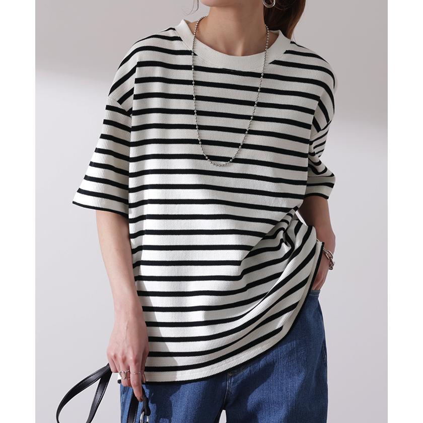 Tシャツ レディース トップス ボーダー 吸水 速乾 ワッフル サーマル 半袖 二の腕カバー | HUG.U | 07