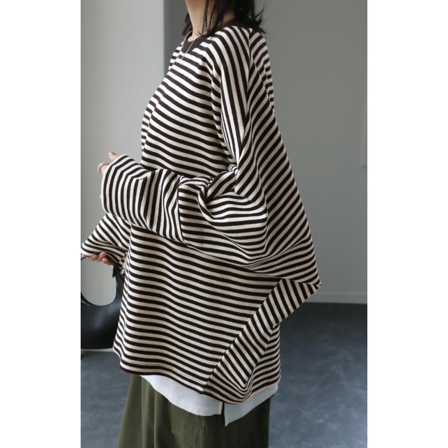 トップス レディース 秋 新作 ロンT カットソー トレーナー スウェット 体型カバー ドルマンスリーブ ボーダー 厚手 長袖 Tシャツ 大きいサイズ 綿 | HUG.U | 22