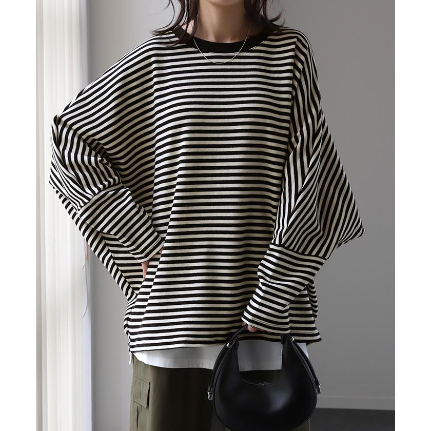 トップス レディース 秋 新作 ロンT カットソー トレーナー スウェット 体型カバー ドルマンスリーブ ボーダー 厚手 長袖 Tシャツ 大きいサイズ 綿 | HUG.U | 07