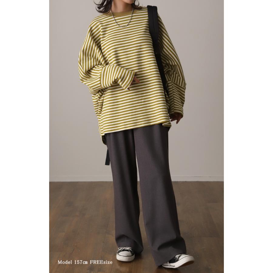 トップス レディース 秋 新作 ロンT カットソー トレーナー スウェット 体型カバー ドルマンスリーブ ボーダー 厚手 長袖 Tシャツ 大きいサイズ 綿 | HUG.U | 09