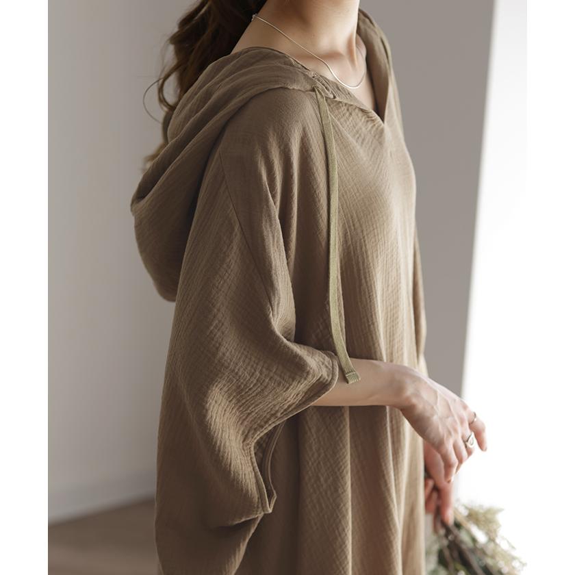 ワンピース レディース コットン 綿 100% 半袖 パーカーワンピース ロング ナチュラル ワンピ ガーゼ Vネック フード | HUG.U | 15