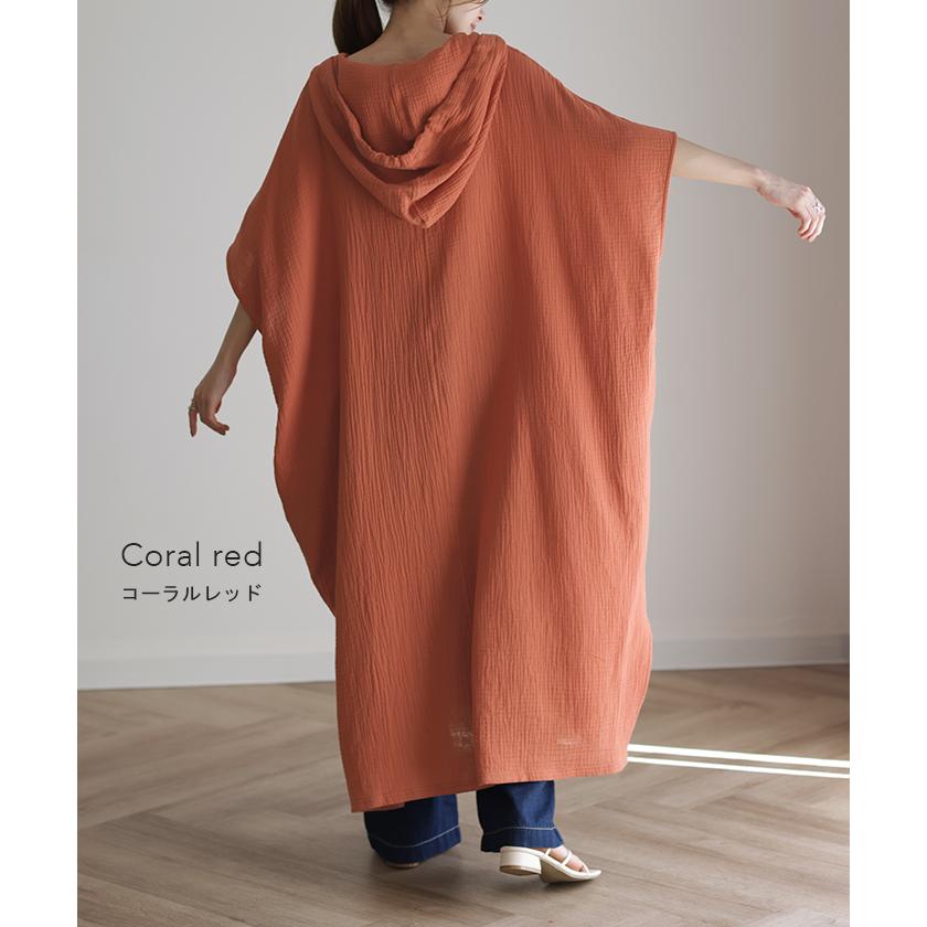 ワンピース レディース コットン 綿 100% 半袖 パーカーワンピース ロング ナチュラル ワンピ ガーゼ Vネック フード | HUG.U | 21