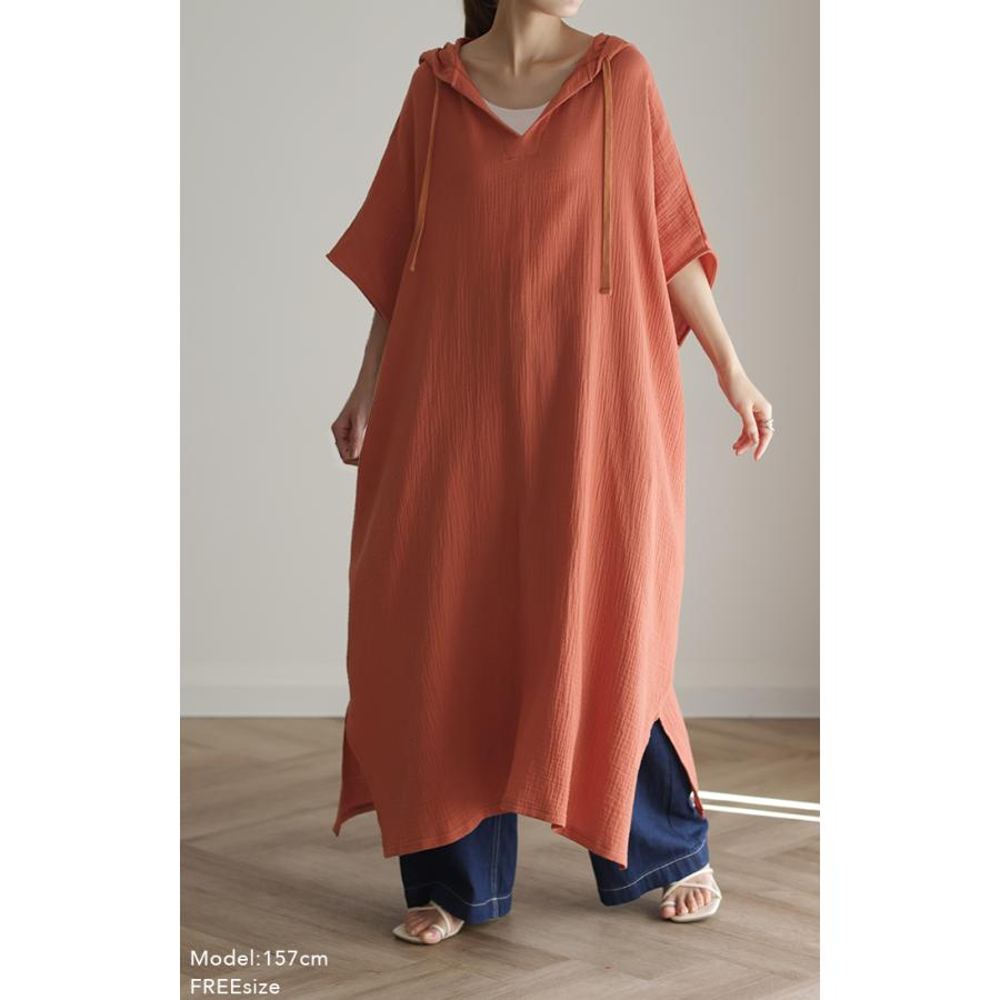 ワンピース レディース コットン 綿 100% 半袖 パーカーワンピース ロング ナチュラル ワンピ ガーゼ Vネック フード | HUG.U | 07