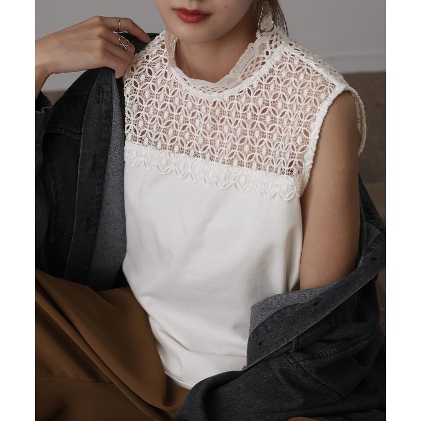 タンクトップ レディース トップス レース つけ襟 タンク フリル インナー レイヤード ハイネック 重ね着 白 黒 | HUG.U | 05