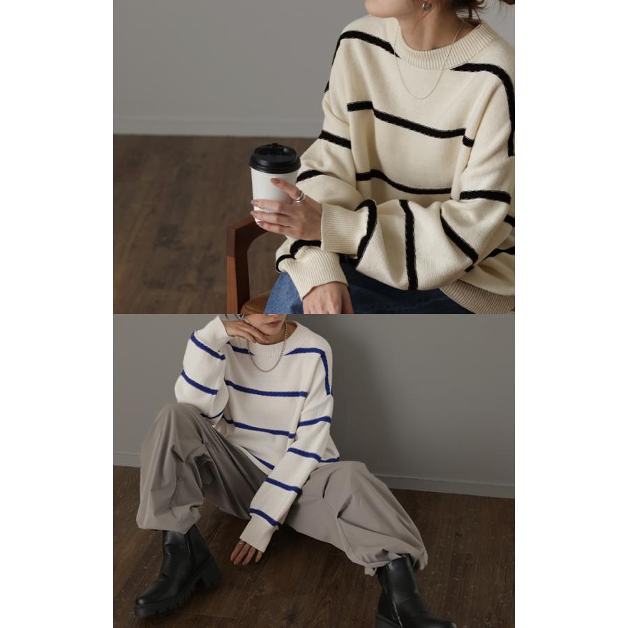 ボーダー ニット レディース プルオーバー セーター トレーナー トップス 長袖 丸首 ライトニット | HUG.U | 11