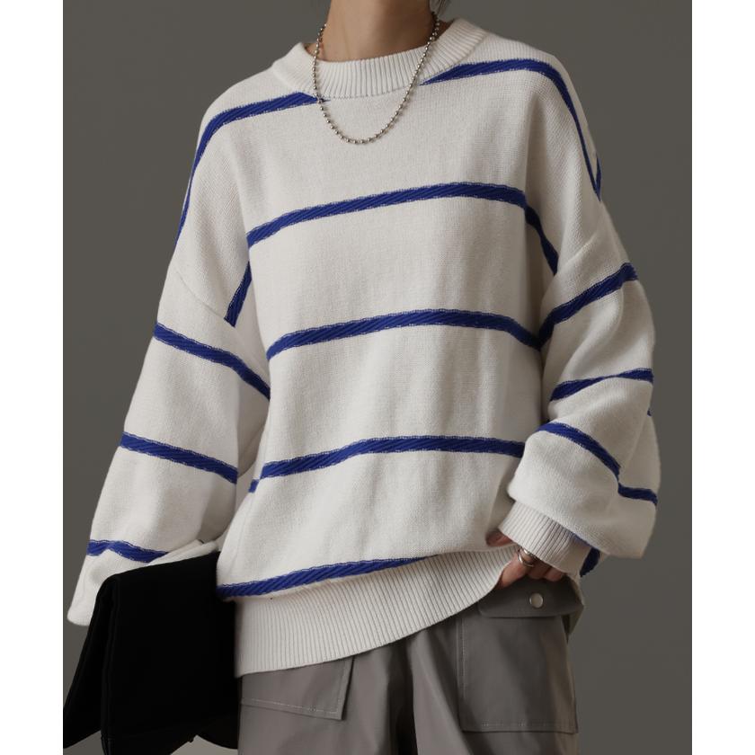 ボーダー ニット レディース プルオーバー セーター トレーナー トップス 長袖 丸首 ライトニット | HUG.U | 06