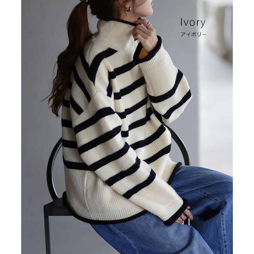 ニット ボーダー タートルネック レディース リブ リブニット セーター モヘア モヘアニット トップス 長袖 ハイネック | HUG.U | 16