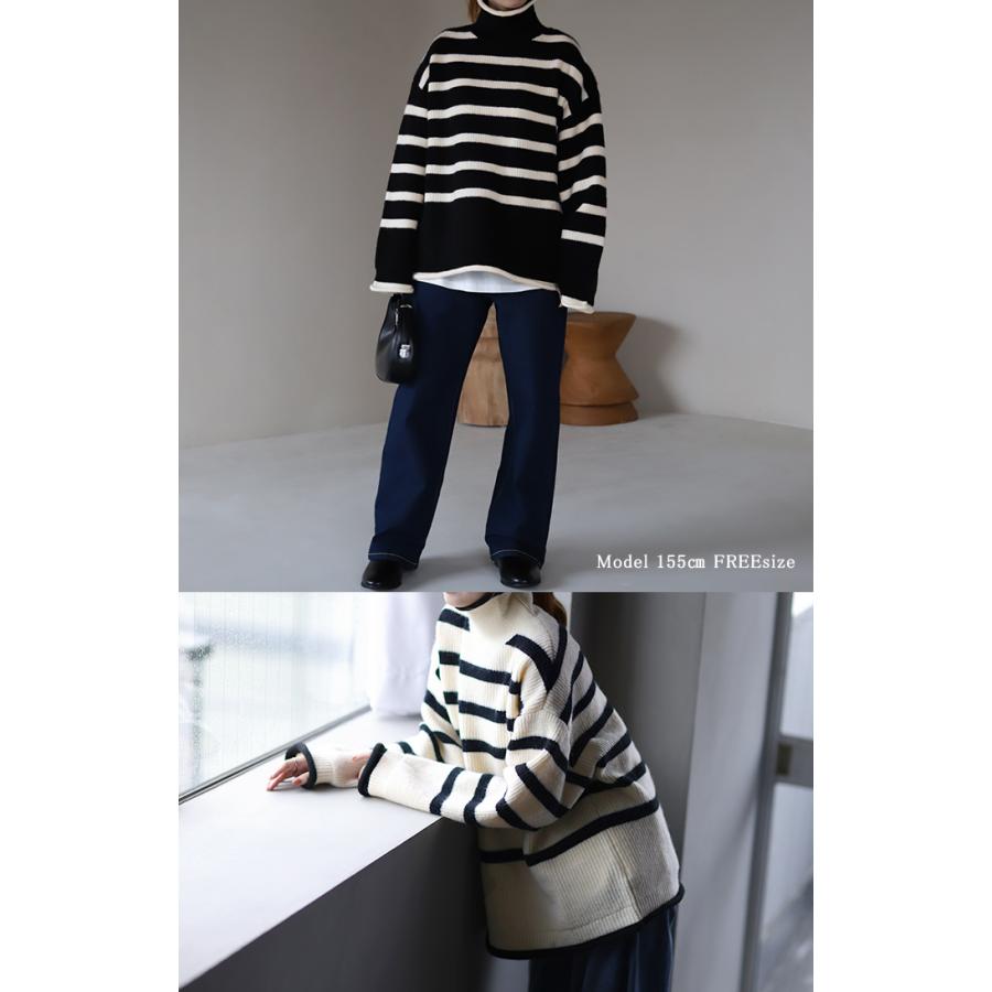ニット ボーダー タートルネック レディース リブ リブニット セーター モヘア モヘアニット トップス 長袖 ハイネック | HUG.U | 18