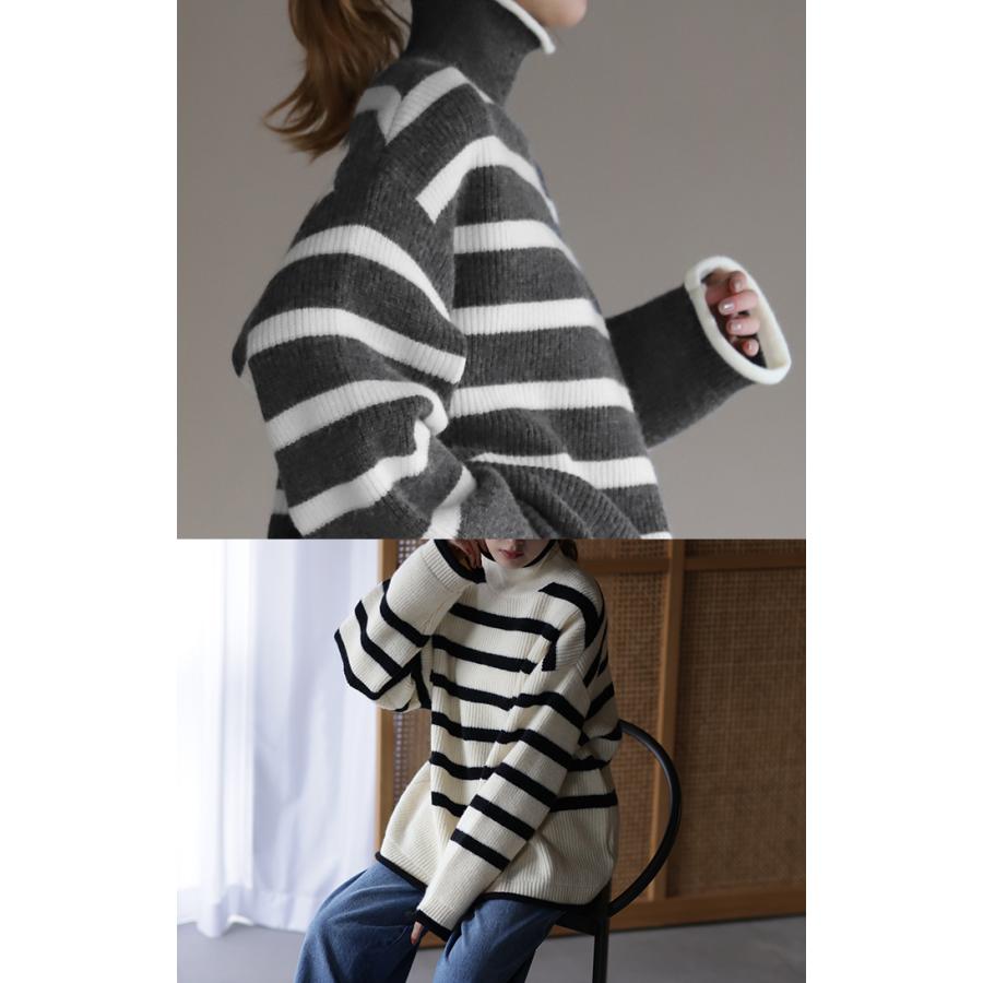 ニット ボーダー タートルネック レディース リブ リブニット セーター モヘア モヘアニット トップス 長袖 ハイネック | HUG.U | 20