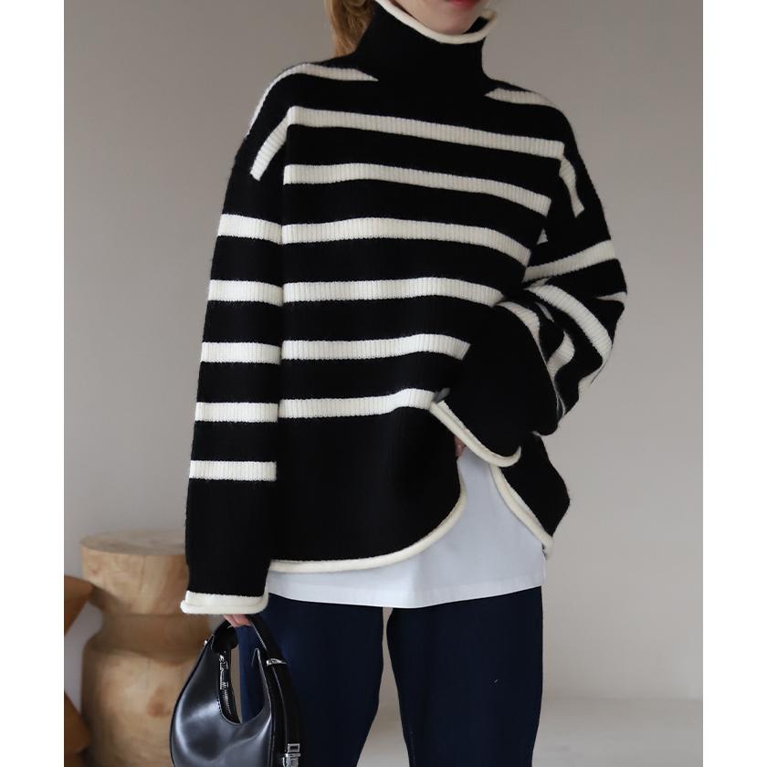 HUG.U（ハグユー） ニット ボーダー タートルネック レディース リブ
