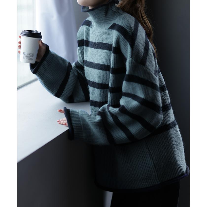 ニット ボーダー タートルネック レディース リブ リブニット セーター モヘア モヘアニット トップス 長袖 ハイネック | HUG.U | 22