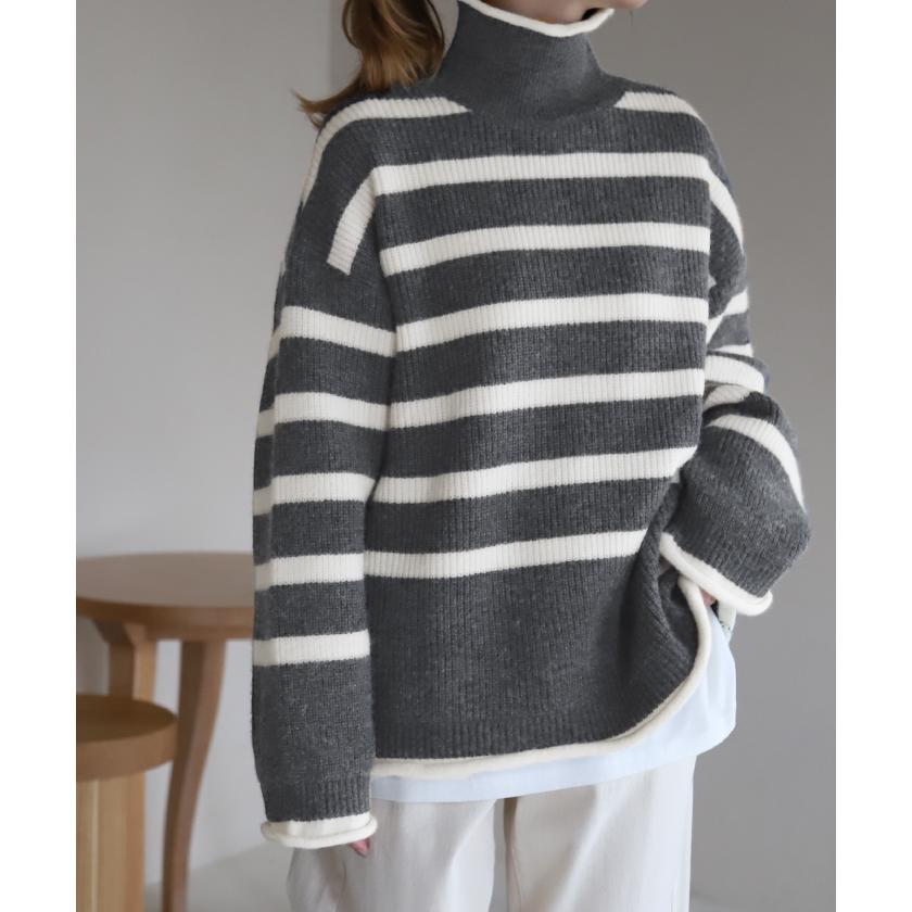 ニット ボーダー タートルネック レディース リブ リブニット セーター モヘア モヘアニット トップス 長袖 ハイネック | HUG.U | 08