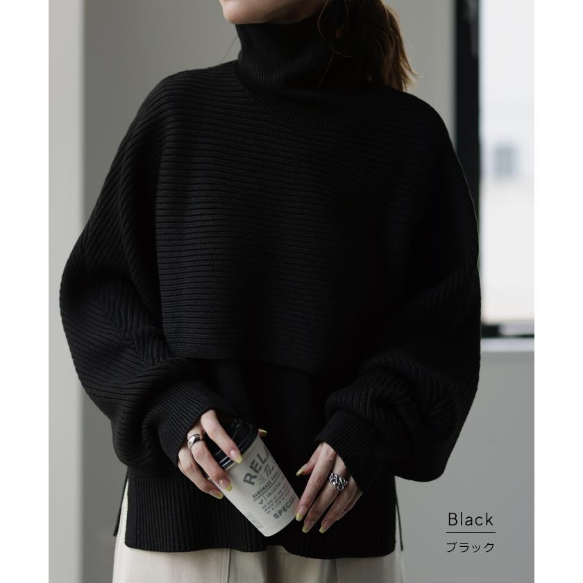 ニット レディース 秋 新作 トップス レイヤード 2点セット ベスト ショートニット タートル ハイネック 長袖 リブニット セーター タートルネック | HUG.U | 20