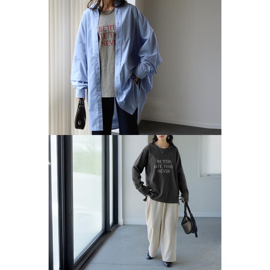 カットソー 刺繍 Tシャツ ロンT 半袖 長袖 ロゴT コンパクト ロゴティー フレンチ レディース トップス 綿100 無地 クルーネック スリット インナー ドルマン | HUG.U | 18