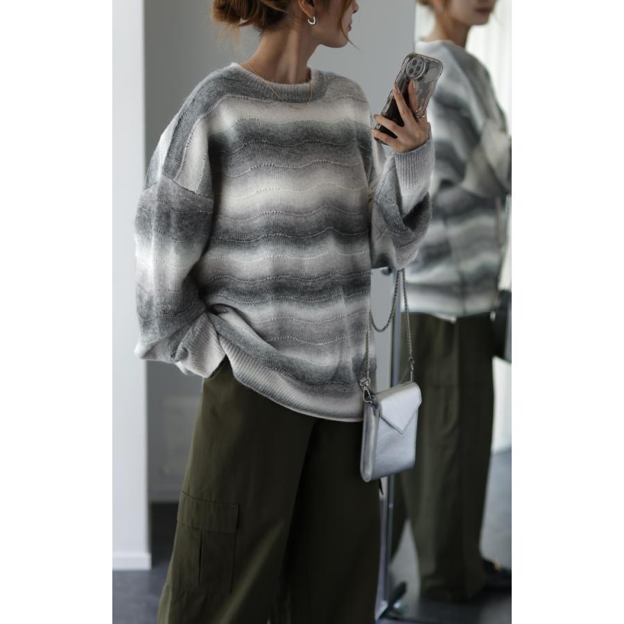 ニット セータートレーナー トップス 長袖 丸首 モヘア グラデーション ミックス チュニック オーバーサイズ | HUG.U | 15