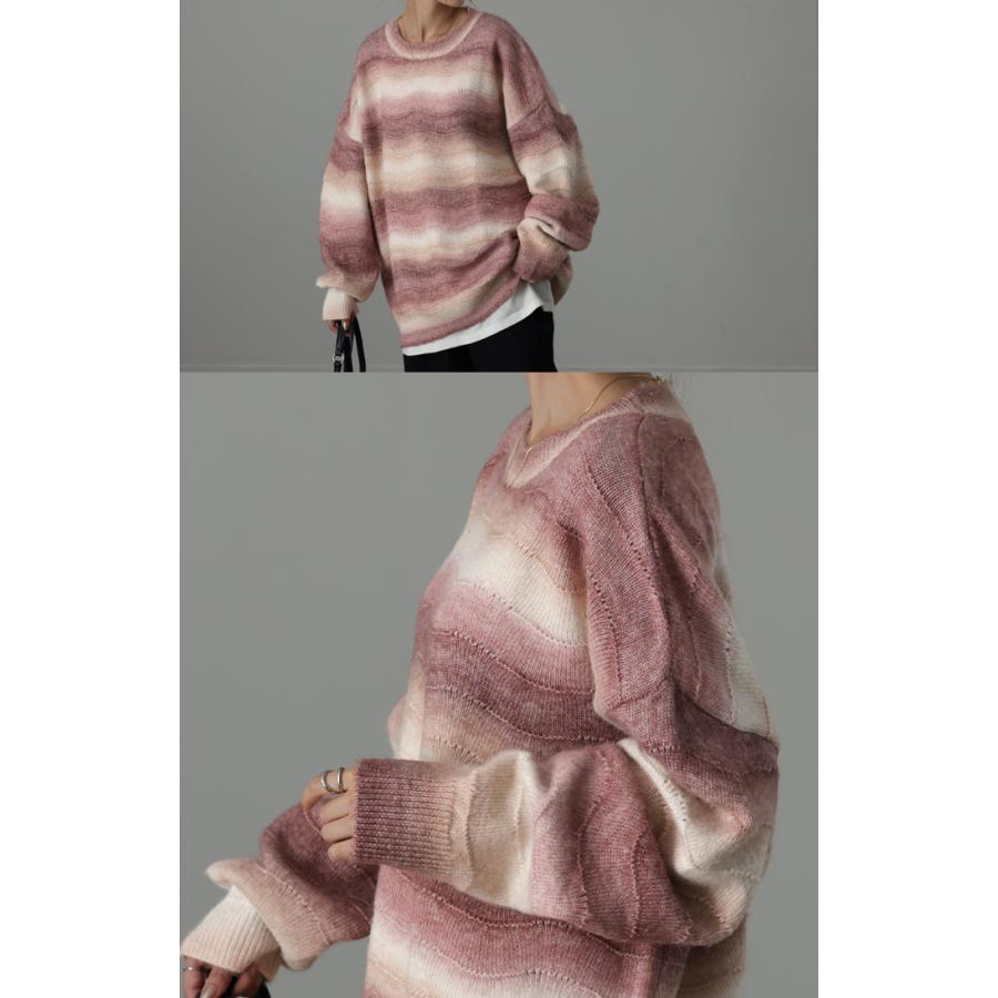 ニット セータートレーナー トップス 長袖 丸首 モヘア グラデーション ミックス チュニック オーバーサイズ | HUG.U | 18