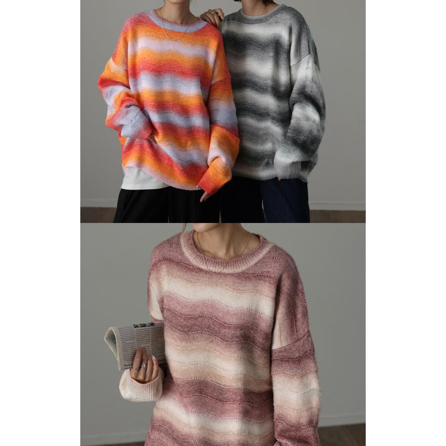 ニット セータートレーナー トップス 長袖 丸首 モヘア グラデーション ミックス チュニック オーバーサイズ | HUG.U | 22