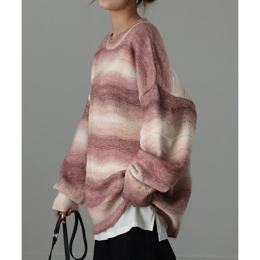 ニット セータートレーナー トップス 長袖 丸首 モヘア グラデーション ミックス チュニック オーバーサイズ | HUG.U | 07