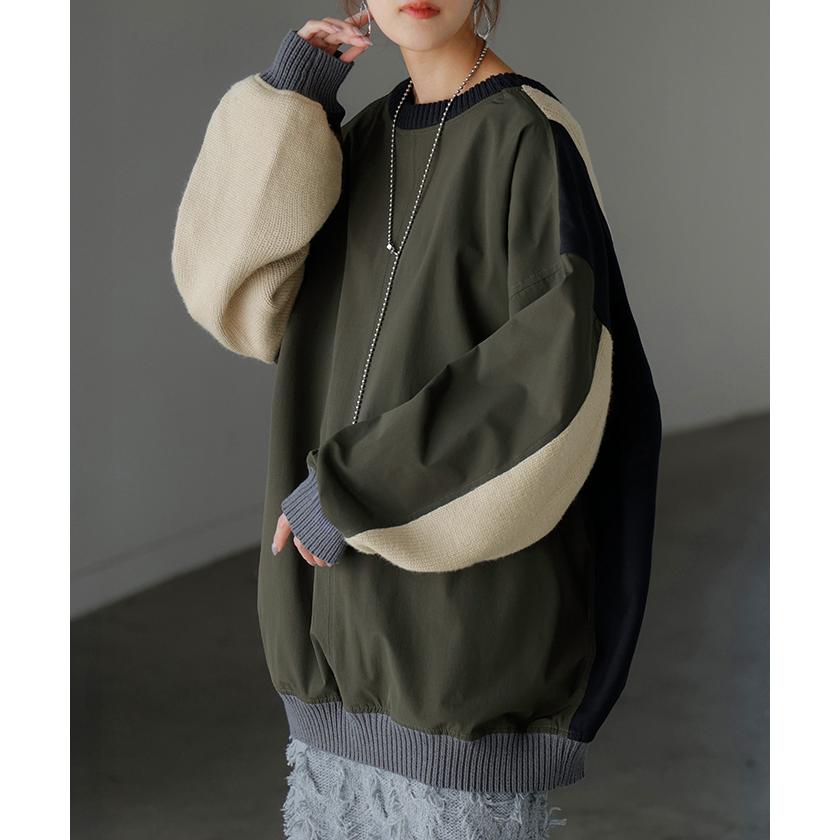 ニット プルオーバー 異素材 ２WAY レディース トップス ロング ナイロン ドッキング チュニック 無地 長袖 長い クルーネック ボリュームスリーブ | HUG.U | 13