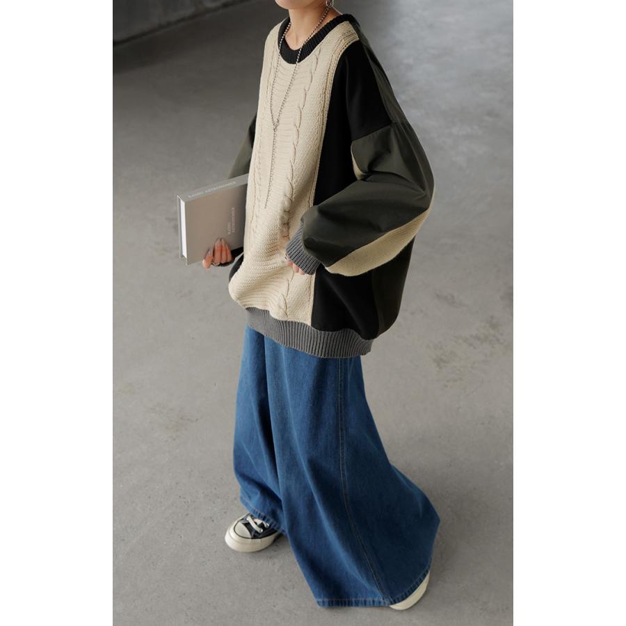 ニット プルオーバー 異素材 ２WAY レディース トップス ロング ナイロン ドッキング チュニック 無地 長袖 長い クルーネック ボリュームスリーブ | HUG.U | 14