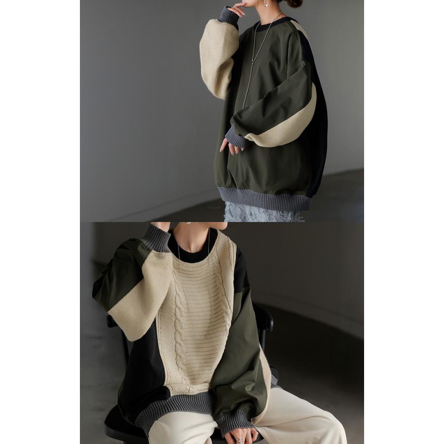 ニット プルオーバー 異素材 ２WAY レディース トップス ロング ナイロン ドッキング チュニック 無地 長袖 長い クルーネック ボリュームスリーブ | HUG.U | 16