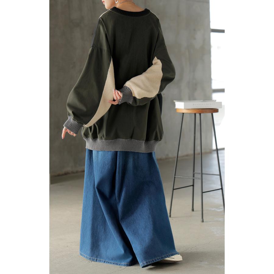 ニット プルオーバー 異素材 ２WAY レディース トップス ロング ナイロン ドッキング チュニック 無地 長袖 長い クルーネック ボリュームスリーブ | HUG.U | 17