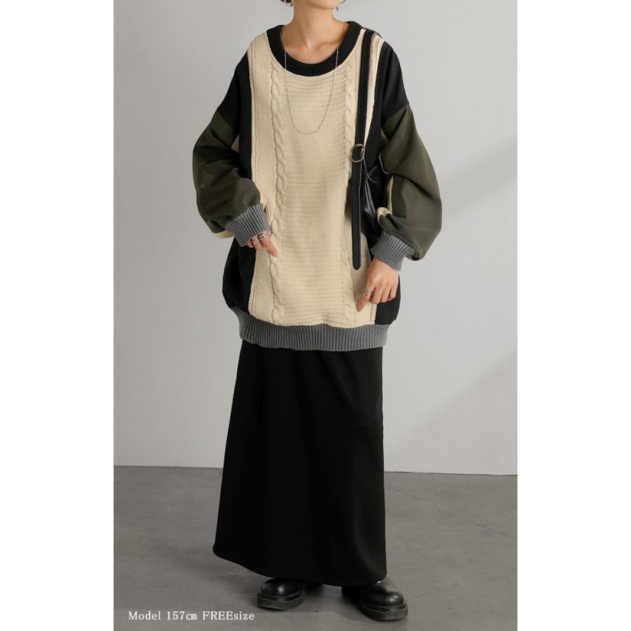 ニット プルオーバー 異素材 ２WAY レディース トップス ロング ナイロン ドッキング チュニック 無地 長袖 長い クルーネック ボリュームスリーブ | HUG.U | 20