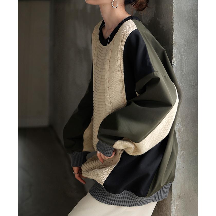 ニット プルオーバー 異素材 ２WAY レディース トップス ロング ナイロン ドッキング チュニック 無地 長袖 長い クルーネック ボリュームスリーブ | HUG.U | 03