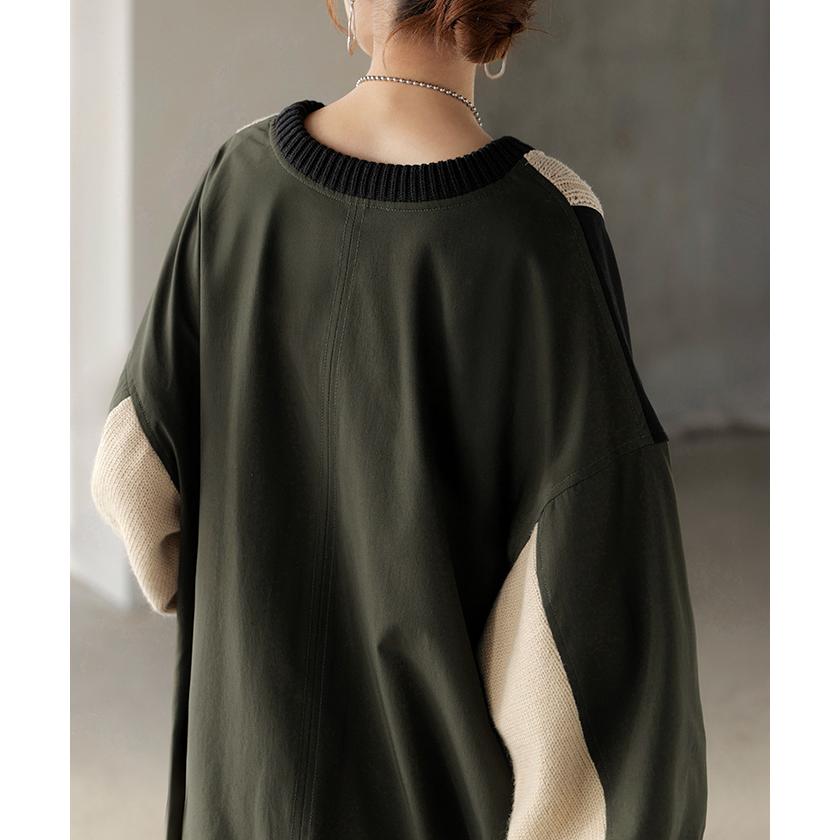 ニット プルオーバー 異素材 ２WAY レディース トップス ロング ナイロン ドッキング チュニック 無地 長袖 長い クルーネック ボリュームスリーブ | HUG.U | 04