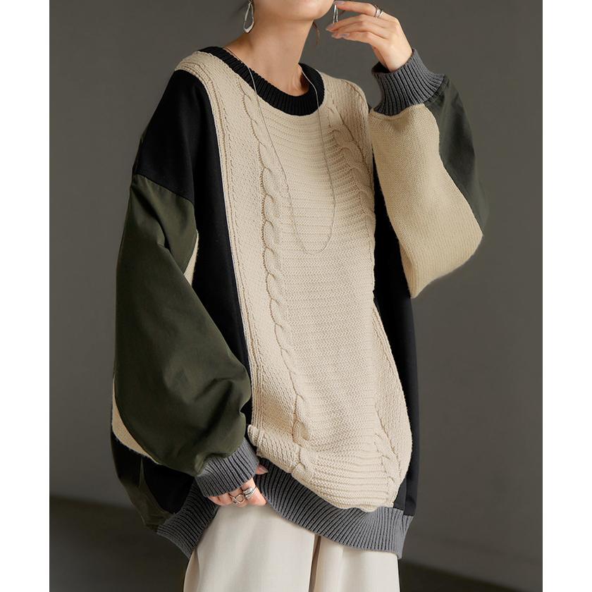 ニット プルオーバー 異素材 ２WAY レディース トップス ロング ナイロン ドッキング チュニック 無地 長袖 長い クルーネック ボリュームスリーブ | HUG.U | 05