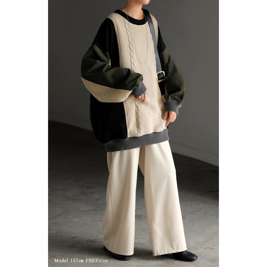 ニット プルオーバー 異素材 ２WAY レディース トップス ロング ナイロン ドッキング チュニック 無地 長袖 長い クルーネック ボリュームスリーブ | HUG.U | 07