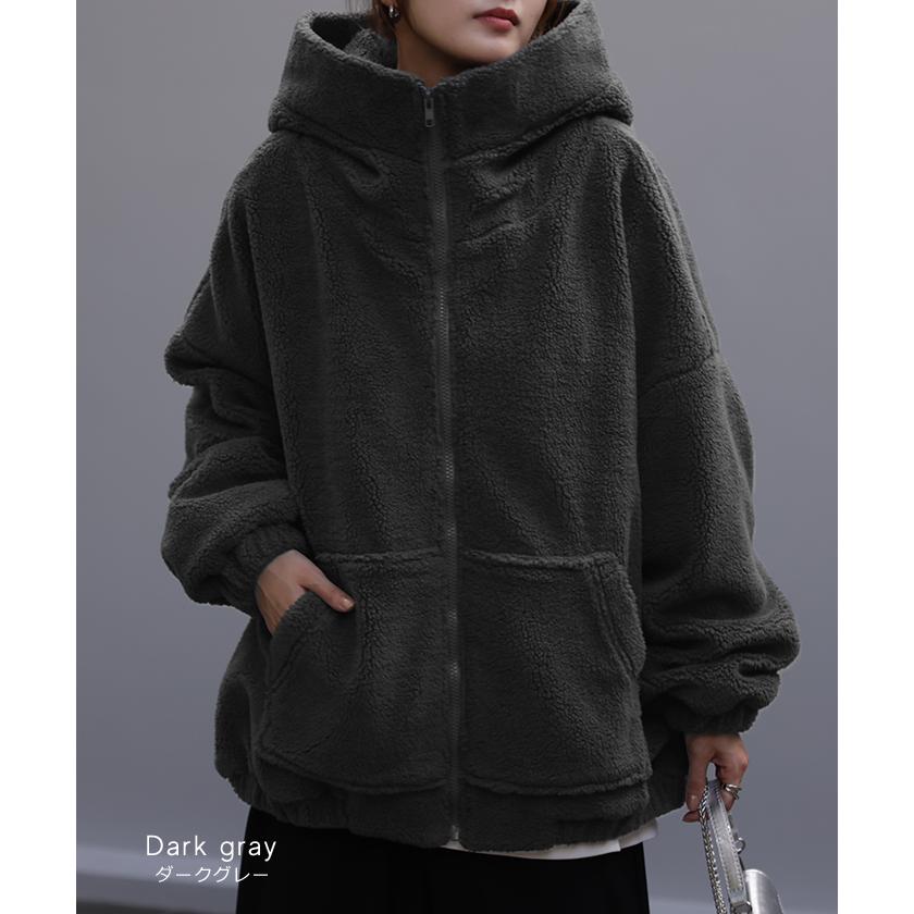 アウター ボア レディース ボアジャケット チュニック ロング ロングコート 中綿 パーカー ジャケット オーバー コート ハイネック フード 羽織 オーバーサイズ | HUG.U | 14