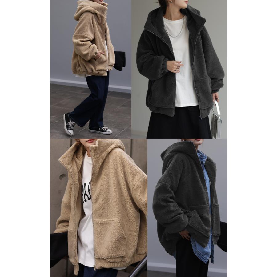 アウター ボア レディース ボアジャケット チュニック ロング ロングコート 中綿 パーカー ジャケット オーバー コート ハイネック フード 羽織 オーバーサイズ | HUG.U | 17