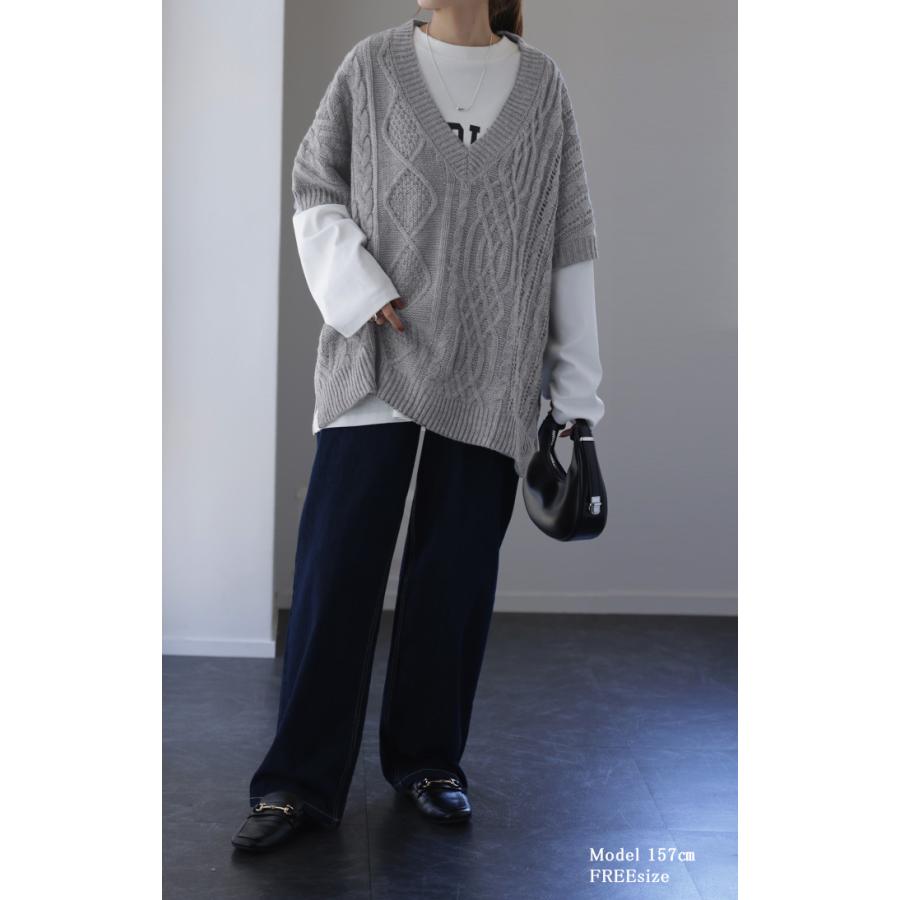 ニット ベスト レディース 深V ケーブル レイヤード ニットベスト トップス セーター 半袖 チュニック | HUG.U | 07