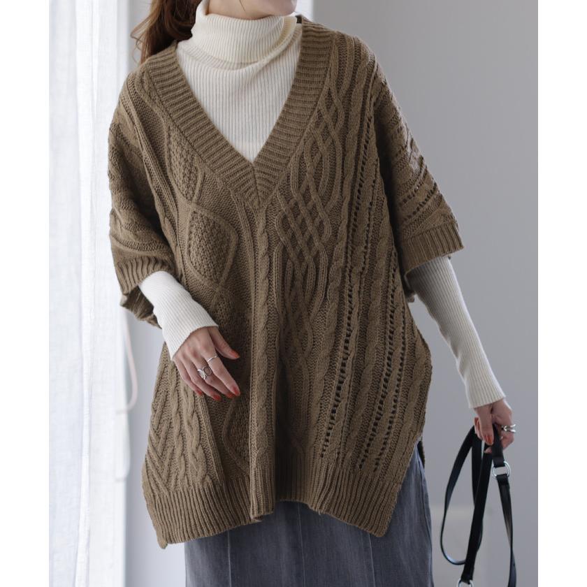 ニット ベスト レディース 深V ケーブル レイヤード ニットベスト トップス セーター 半袖 チュニック | HUG.U | 09