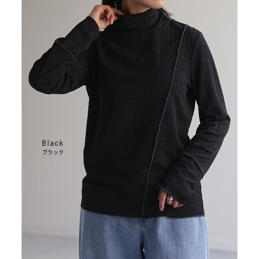 トップス ロンT しぼ感 カットソー レイヤード レディース ハイネック インナー パイピング 長袖 Tシャツ | HUG.U | 16