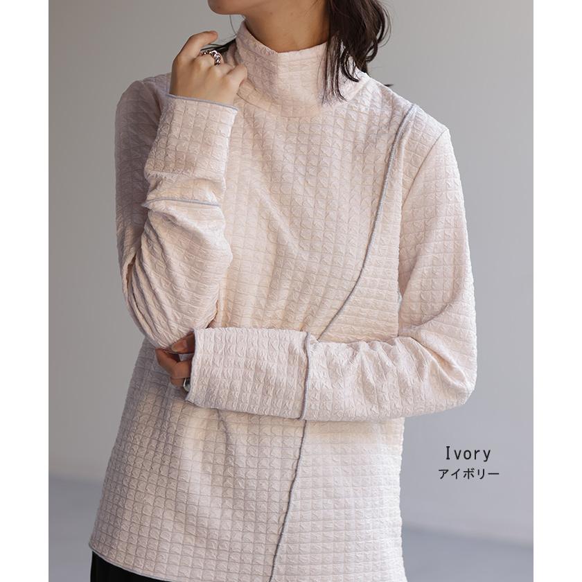 トップス ロンT しぼ感 カットソー レイヤード レディース ハイネック インナー パイピング 長袖 Tシャツ | HUG.U | 18