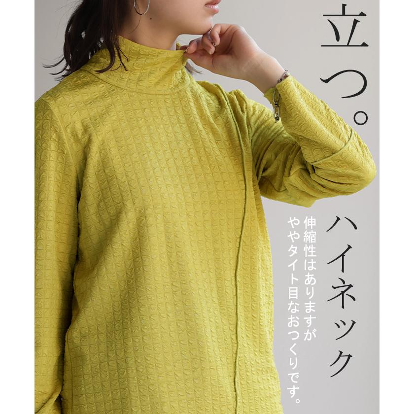 トップス ロンT しぼ感 カットソー レイヤード レディース ハイネック インナー パイピング 長袖 Tシャツ | HUG.U | 19