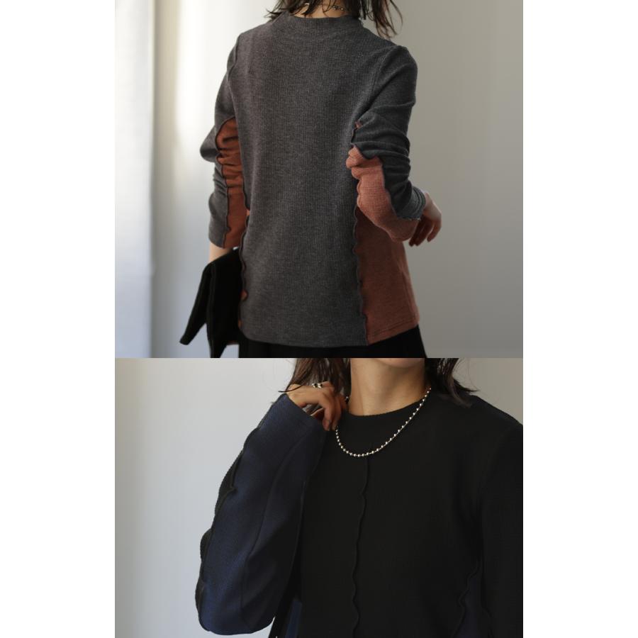 ニットソー カットソー レディース ティーシャツ インナー 無地 長袖 ロンT Tシャツ ハイネック バイカラー | HUG.U | 20